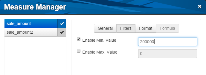 Filters tab of the measure manager